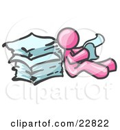 Pink Man Leaning Against A Stack Of Papers