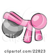 Clipart Illustration Of A Pink Man Strength Training His Arms And Legs While Using A Yoga Exercise Ball
