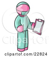 Pink Surgeon Man In Green Scrubs Holding A Pen And Clipboard by Leo Blanchette