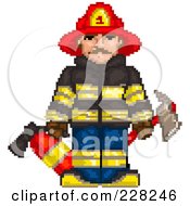 Pixelated Fireman Holding An Extinguisher And Axe