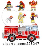 Digital Collage Of Pixelated Fire Fighters A Dalmatian And Fire Truck