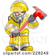 Poster, Art Print Of Pixelated Fireman Holding An Axe