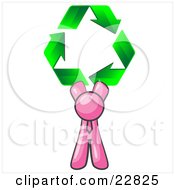Pink Man Holding Up Three Green Arrows Forming A Triangle And Moving In A Clockwise Motion Symbolizing Renewable Energy And Recycling by Leo Blanchette
