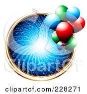 Royalty-Free (RF) Clipart Illustration of a Blue Swirl Birthday Circle With Gold Trim And Party Balloons by MilsiArt #COLLC228271-0110