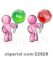 Poster, Art Print Of Pink Men Holding Red And Green Stop And Go Signs