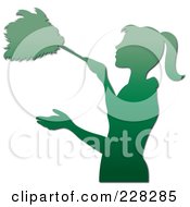 Gradient Green Silhouetted Maid Dusting With A Feather Duster