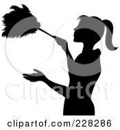 Royalty Free RF Clipart Illustration Of A Black Silhouetted Maid Dusting With A Feather Duster by Pams Clipart #COLLC228286-0007