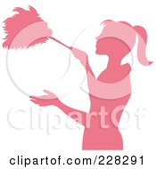 Royalty Free RF Clipart Illustration Of A Pink Silhouetted Maid Dusting With A Feather Duster