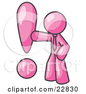 Clipart Illustration Of A Pink Businessman Standing By A Large Exclamation Point by Leo Blanchette