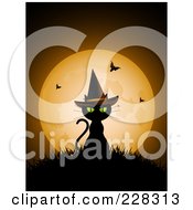 Black Cat Sitting On Grass And Wearing A Witch Hat Against A Full Moon With Vampire Bats