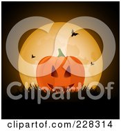 Royalty Free RF Clipart Illustration Of A Halloween Jackolantern In Grass Against A Full Moon With Bats