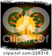 Poster, Art Print Of Holly Christmas Wreath With Lit Candles And A Blank Gold Banner Over Red With White Snow Grunge