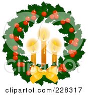 Poster, Art Print Of Holly Christmas Wreath With Lit Candles And A Golden Bow