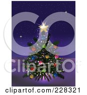 Poster, Art Print Of Decorated Christmas Tree With A Glowing Gold Star Outdoors On A Winter Night