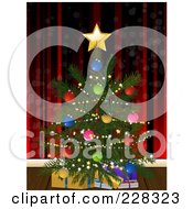 Poster, Art Print Of Gifts Tucked Under A Small Christmas Tree Agains Ta Red Striped Curtain Or Wall