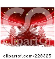 Royalty Free RF Clipart Illustration Of A Red Christmas Background Of An Evergreen Tree With Snow Grunge Stars And Rays