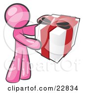 Poster, Art Print Of Thoughtful Pink Man Holding A Christmas Birthday Valentines Day Or Anniversary Gift Wrapped In White Paper With Red Ribbon And A Bow