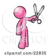 Pink Woman Standing And Holing Up A Pair Of Scissors
