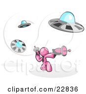 Poster, Art Print Of Pink Man Fighting Off Ufos With Weapons