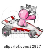 Poster, Art Print Of Pink Man Driving A Fast Race Car Past Flags While Racing