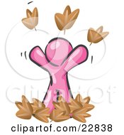 Poster, Art Print Of Carefree Pink Man Tossing Up Autumn Leaves In The Air Symbolizing Happiness And Freedom