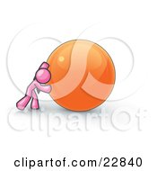 Clipart Illustration Of A Strong Pink Business Man Pushing An Orange Sphere by Leo Blanchette