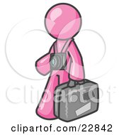 Clipart Illustration Of A Pink Male Tourist Carrying His Suitcase And Walking With A Camera Around His Neck by Leo Blanchette