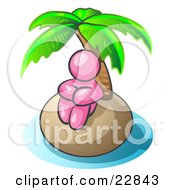 Clipart Illustration Of A Pink Man Sitting All Alone With A Palm Tree On A Deserted Island