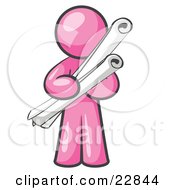 Clipart Illustration Of A Pink Man Architect Carrying Rolled Blue Prints And Plans by Leo Blanchette