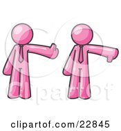 Clipart Illustration Of A Pink Business Man Giving The Thumbs Up Then The Thumbs Down by Leo Blanchette