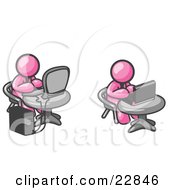 Poster, Art Print Of Two Pink Men Employees Working On Computers In An Office One Using A Desktop The Other Using A Laptop
