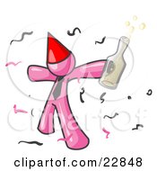 Poster, Art Print Of Happy Pink Man Partying With A Party Hat Confetti And A Bottle Of Liquor