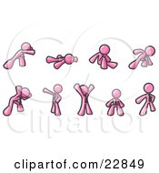 Clipart Illustration Of A Pink Man Doing Different Exercises And Stretches In A Fitness Gym
