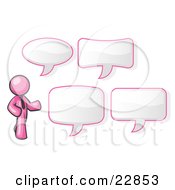 Poster, Art Print Of Pink Businessman With Four Different Word Bubbles