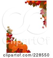 Poster, Art Print Of Vertical Border Of Autumn Leaves And Three Pumpkins Around White Copyspace