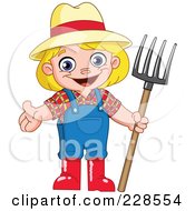 Poster, Art Print Of Happy Blond Girl Farmer Holding A Pitchfork