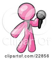 Clipart Illustration Of A Pink Man A Comedian Or Vocalist Wearing A Tie Standing On Stage And Holding A Microphone While Singing Karaoke Or Telling Jokes by Leo Blanchette
