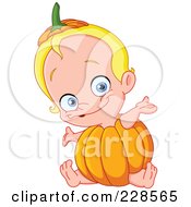 Poster, Art Print Of Happy Blond Baby Wearing A Pumpkin And Holding His Arms Out