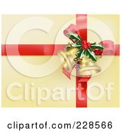 Poster, Art Print Of Red Ribbon With Holly And Christmas Bells On Golden Wrapping Paper
