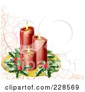 Poster, Art Print Of Red Candles With Christmas Holly On A Tray Over A Pink Swirl And White Background