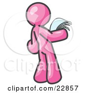 Clipart Illustration Of A Serious Pink Man Reading Papers And Documents