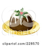 3d Christmas Pudding Topped With Holly And Berries On A Gold Plate