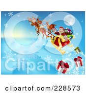 Poster, Art Print Of Santa Looking Back And Dropping Christmas Gifts As He Flies In His Sleigh