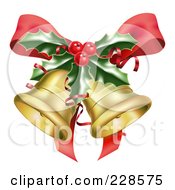 Poster, Art Print Of Golden Christmas Bells A Red Bow And Sprig Of Holly