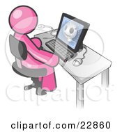 Pink Doctor Man Sitting At A Computer And Viewing An Xray Of A Head