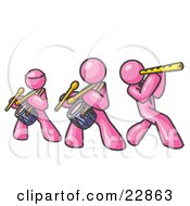 Three Pink Men Playing Flutes And Drums At A Music Concert