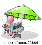 Poster, Art Print Of Traveling Pink Business Man Sitting Under An Umbrella At A Table Using A Laptop Computer