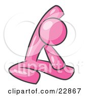 Pink Man Sitting On A Gym Floor And Stretching His Arm Up And Behind His Head
