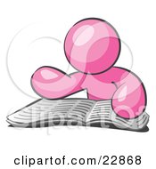 Clipart Illustration Of A Pink Man Character Seated And Reading The Daily Newspaper To Brush Up On Current Events by Leo Blanchette
