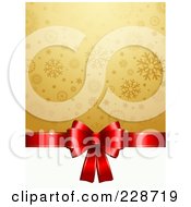 Royalty Free RF Clipart Illustration Of A Shiny Red Bow Above White Space With Golden Snowflakes by KJ Pargeter